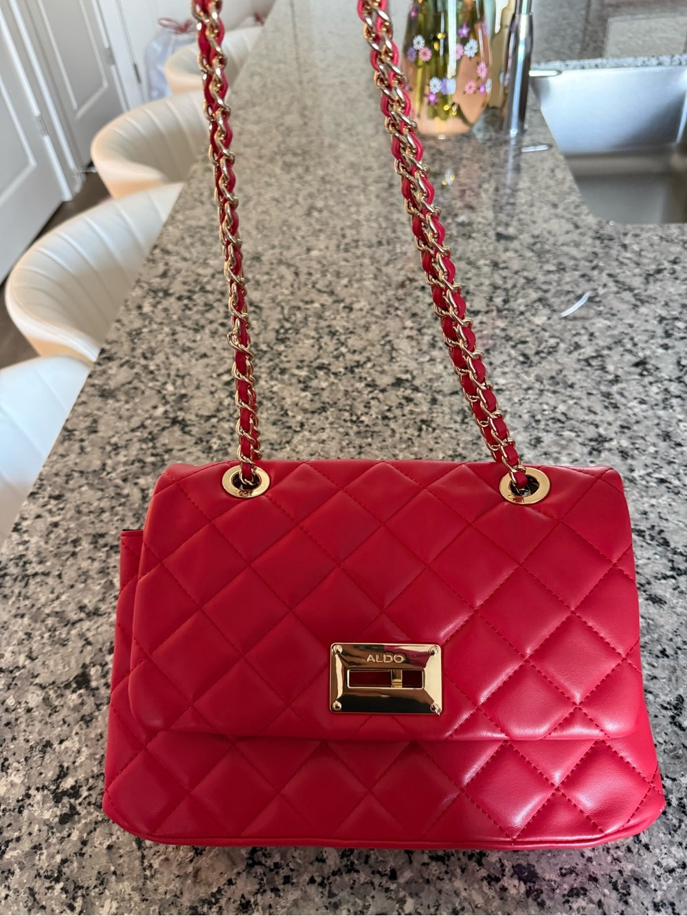 Aldo Red Quilted Chain-Handle Shoulder Bag with Gold Hardware